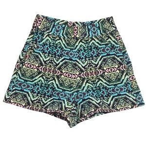 Topshop High Waist Shorts Size 4 Tall Zip Up Flat Front Jacquard Moroccan Print‎